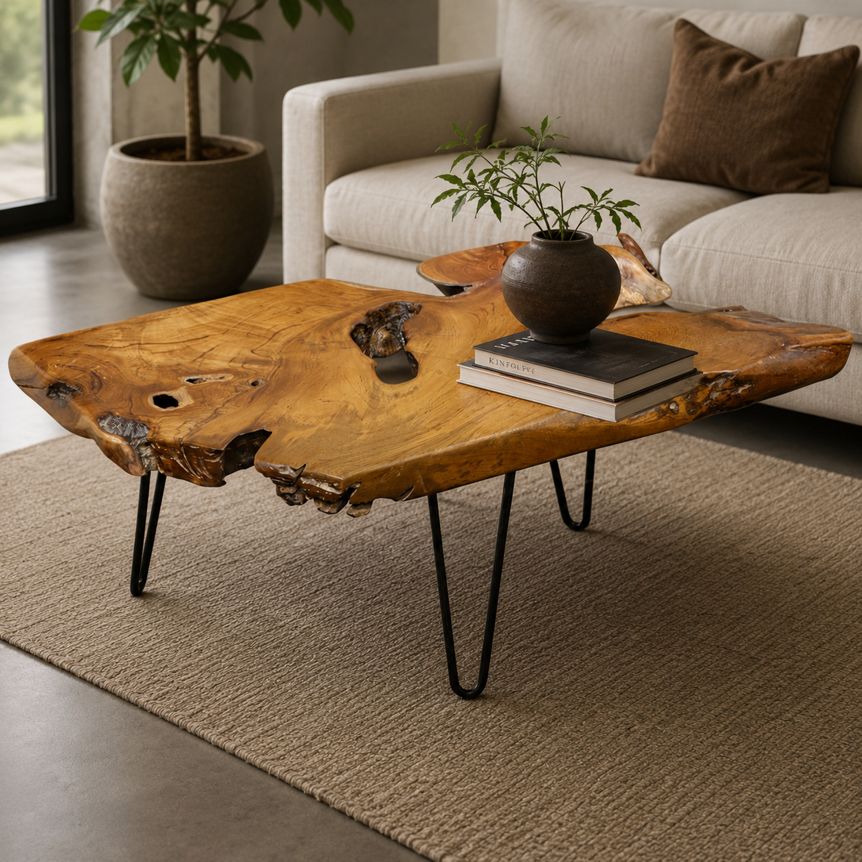 Live edge solid teak wood coffee table with black metal hairpin legs