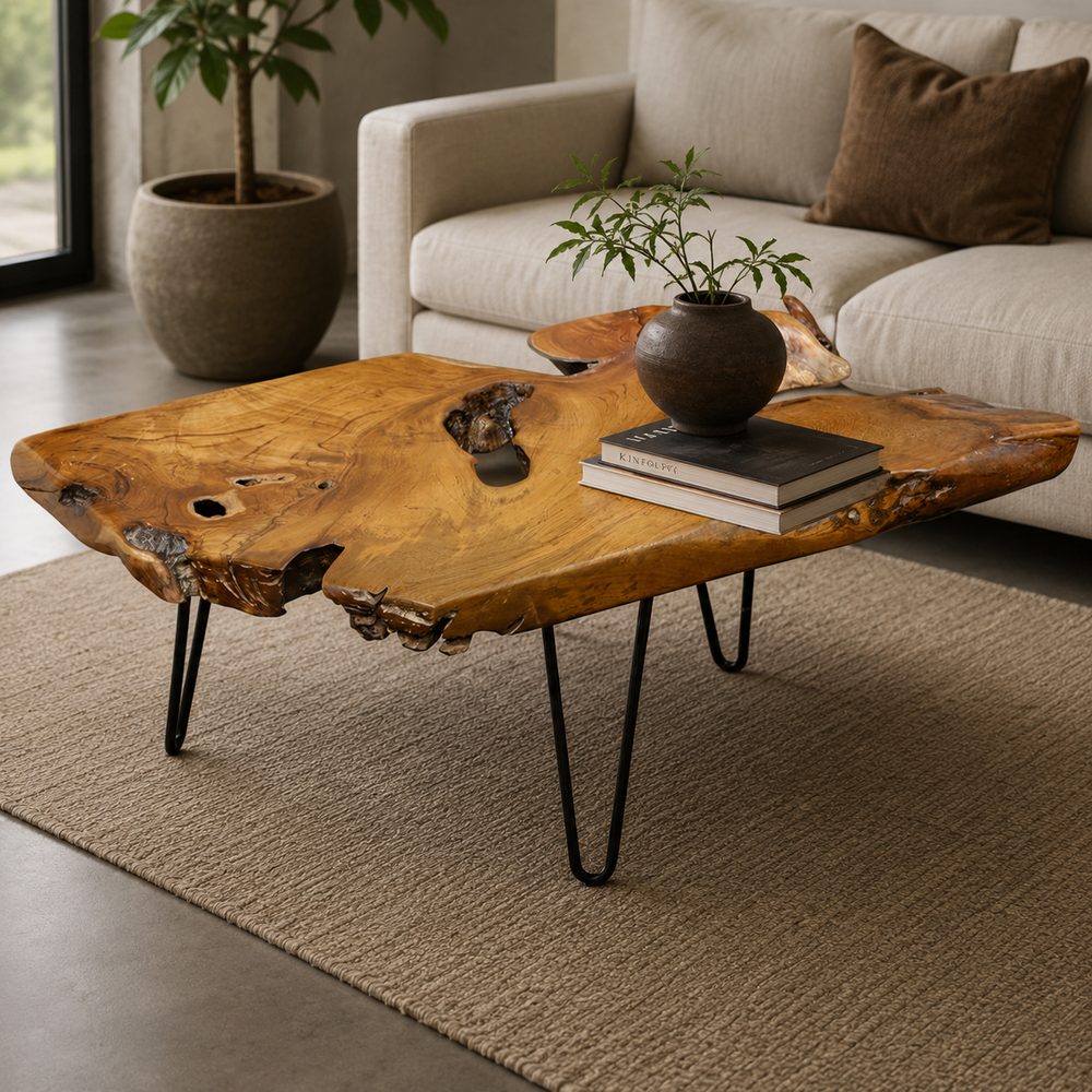 Live edge solid teak wood coffee table with black metal hairpin legs