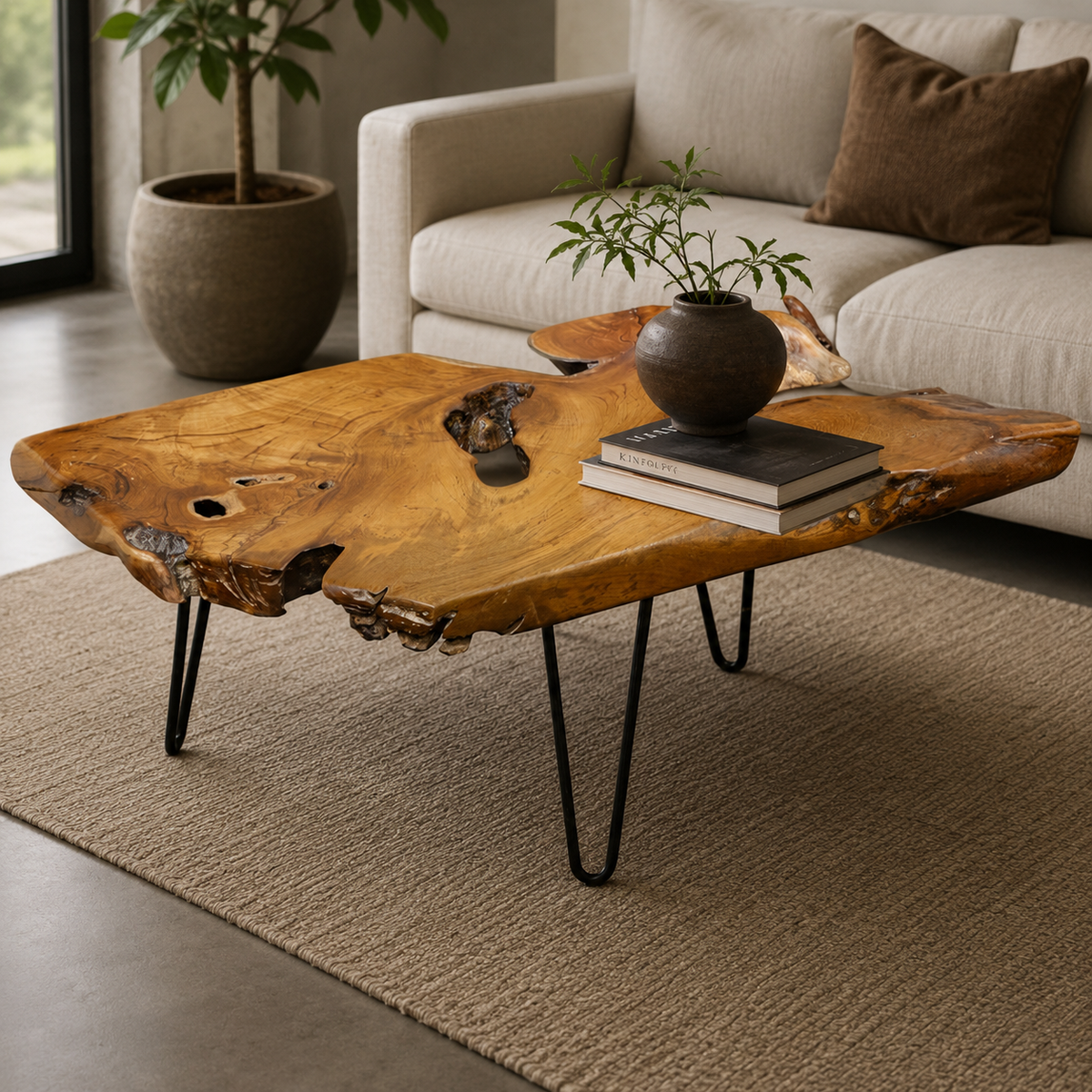 Live edge solid teak wood coffee table with black metal hairpin legs