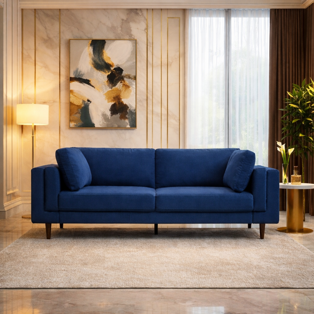 Luxury Teak Wood 3 Seater Sofa in Velvet Fabric | Premium Wooden Sofa for Living Room