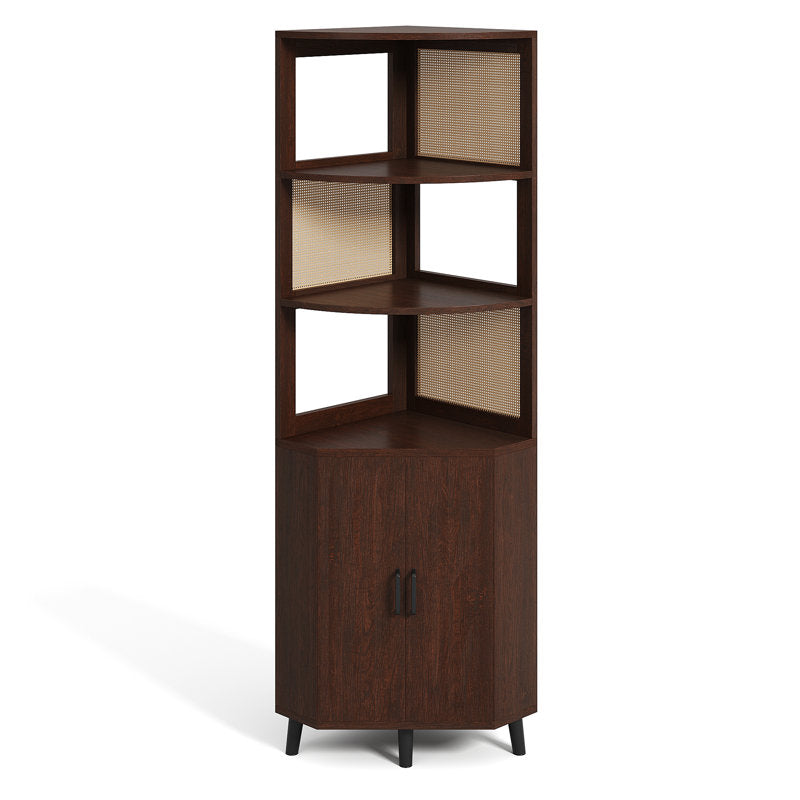 Freestanding teak wood corner bookcase with storage cabinet