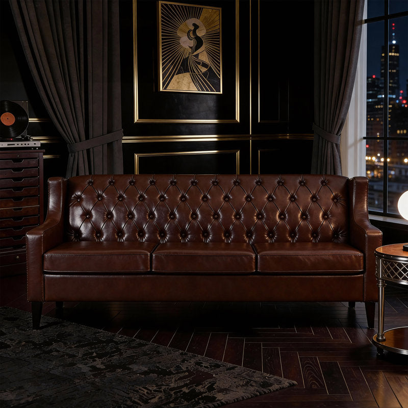 Luxury 3-seater teak wood sofa with button tufted backrest
