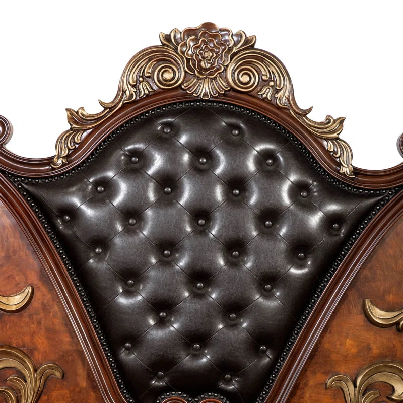 Royal antique wooden bed with leather upholstery