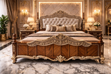 Royal carved king size bed front view with gold detailing and antique finish
