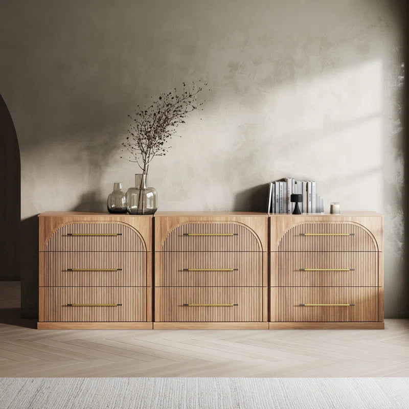 Scandinavian style fluted dresser with natural wood texture