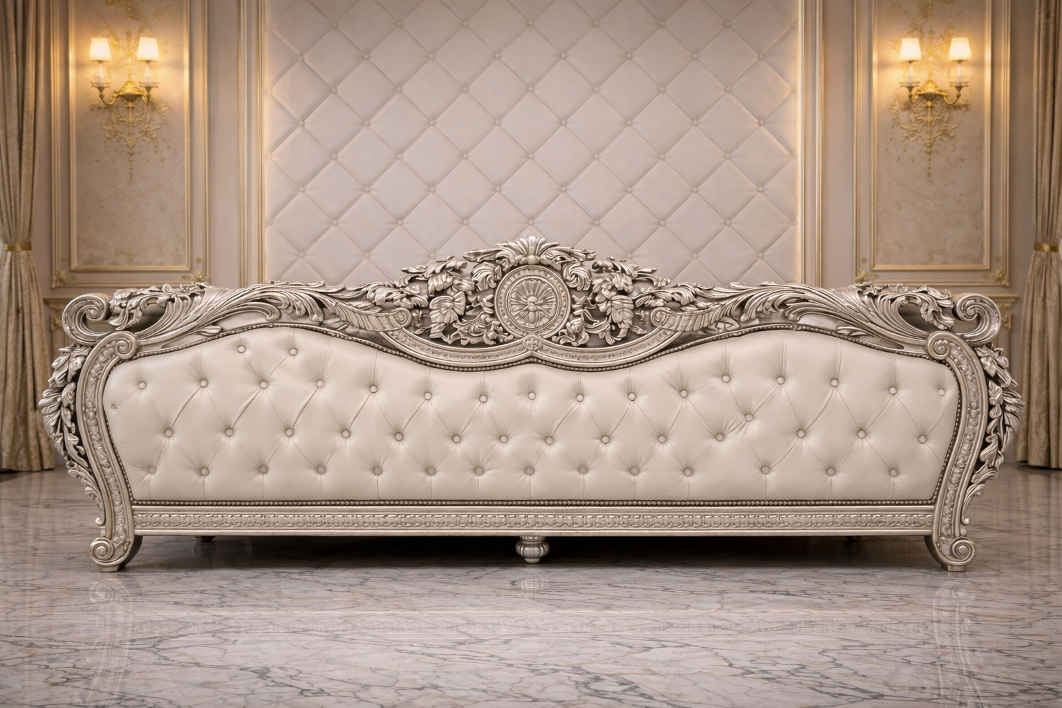 Luxury baroque style king size bed solid wood frame with decorative carving