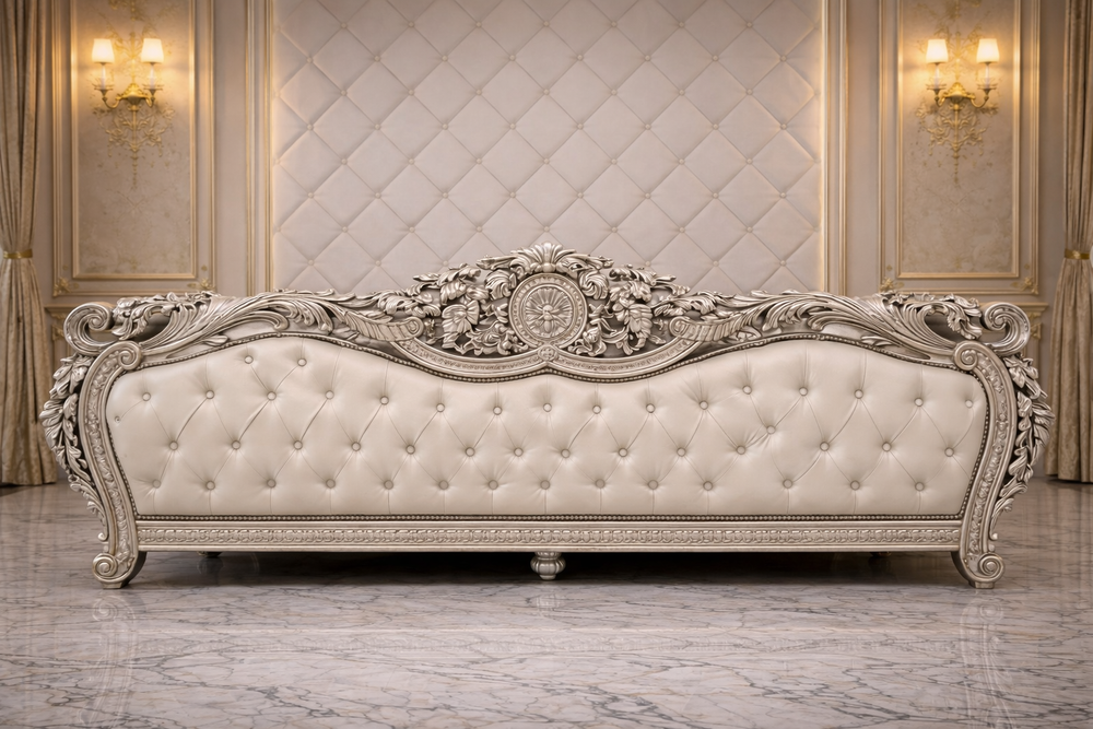 Luxury baroque style king size bed solid wood frame with decorative carving