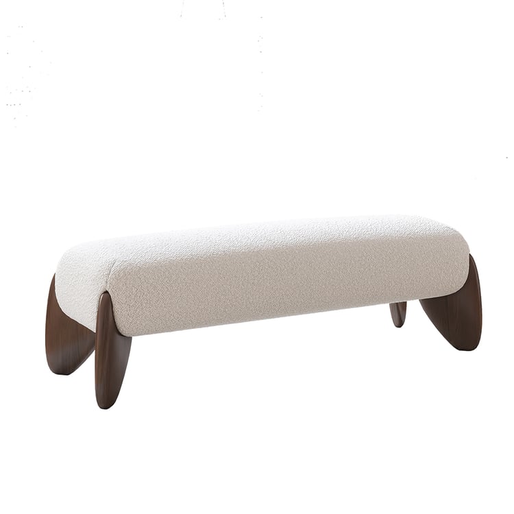 cream fabric bench with wooden legs