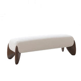 cream fabric bench with wooden legs