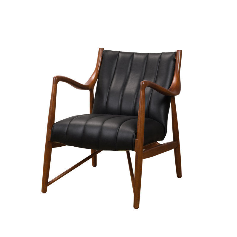 Designer teak wood lounge chair with curved armrests