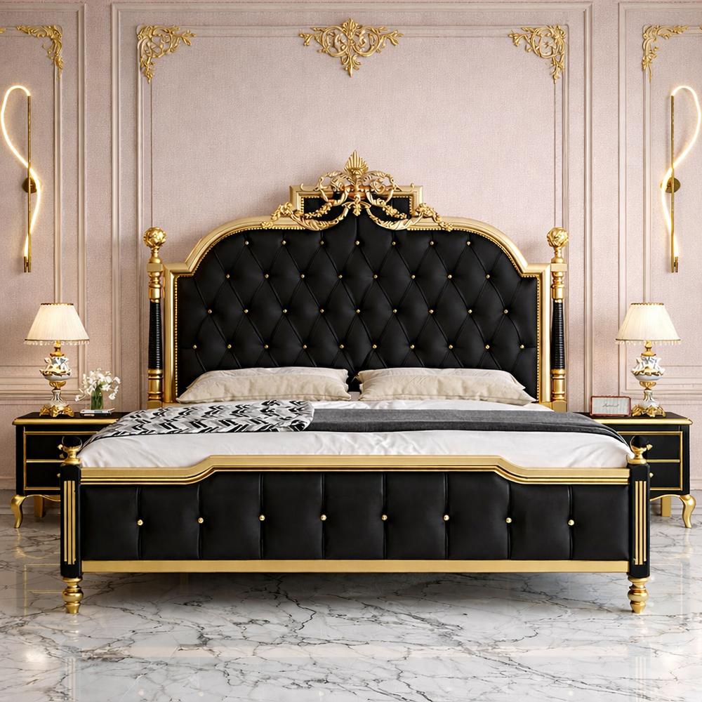 Luxury black and gold royal king size bed with diamond tufted upholstered headboard
