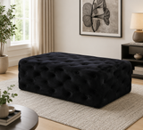 Luxury black velvet tufted ottoman coffee table with solid teak wood frame