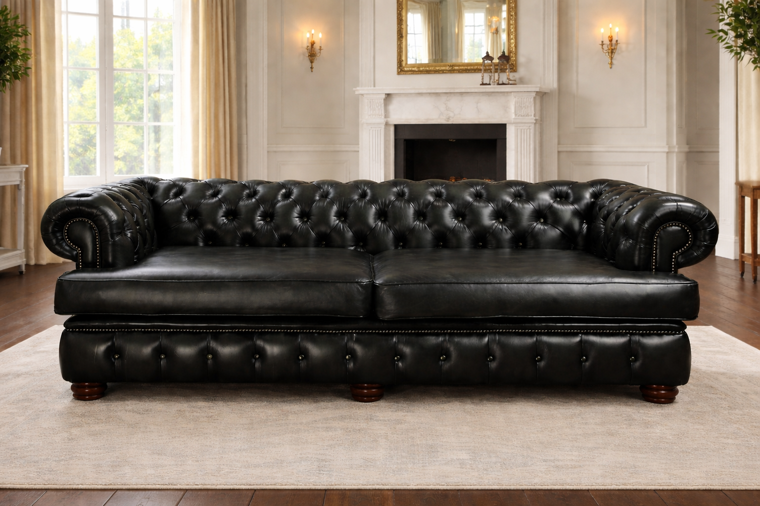 Premium 3 Seater Leather Sofa with Solid Teak Wood Frame – Luxury Chesterfield Design