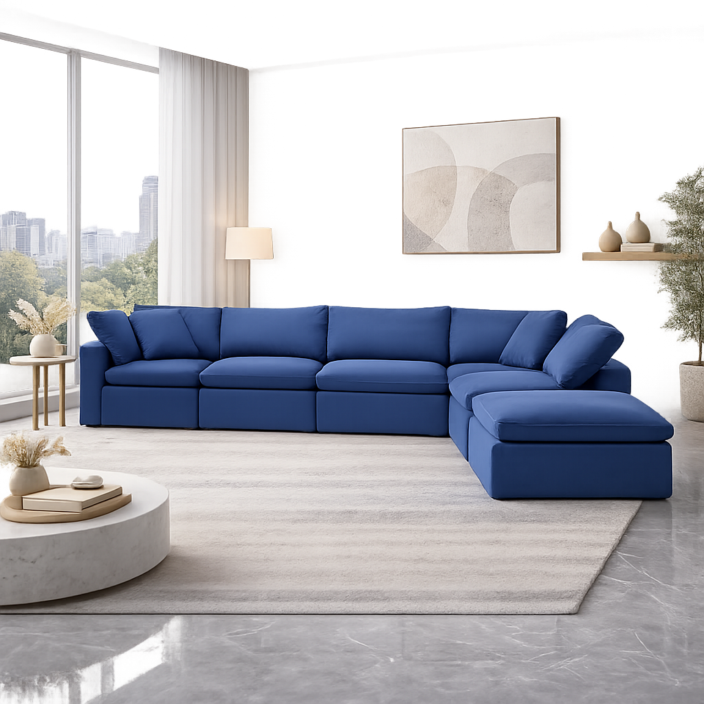 Luxury blue teak wood modular L-shape sofa for modern living room