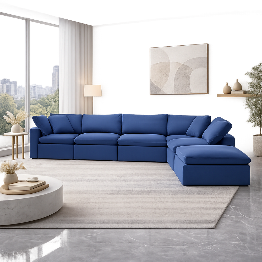Luxury blue teak wood modular L-shape sofa for modern living room