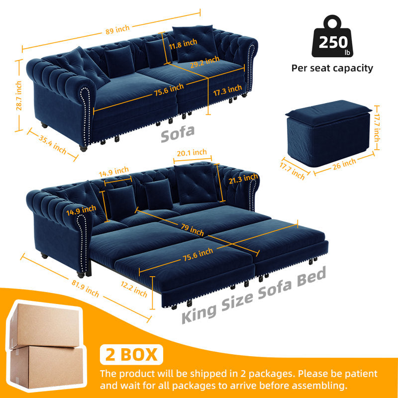 Premium blue velvet three-seater sofa with deep button tufting