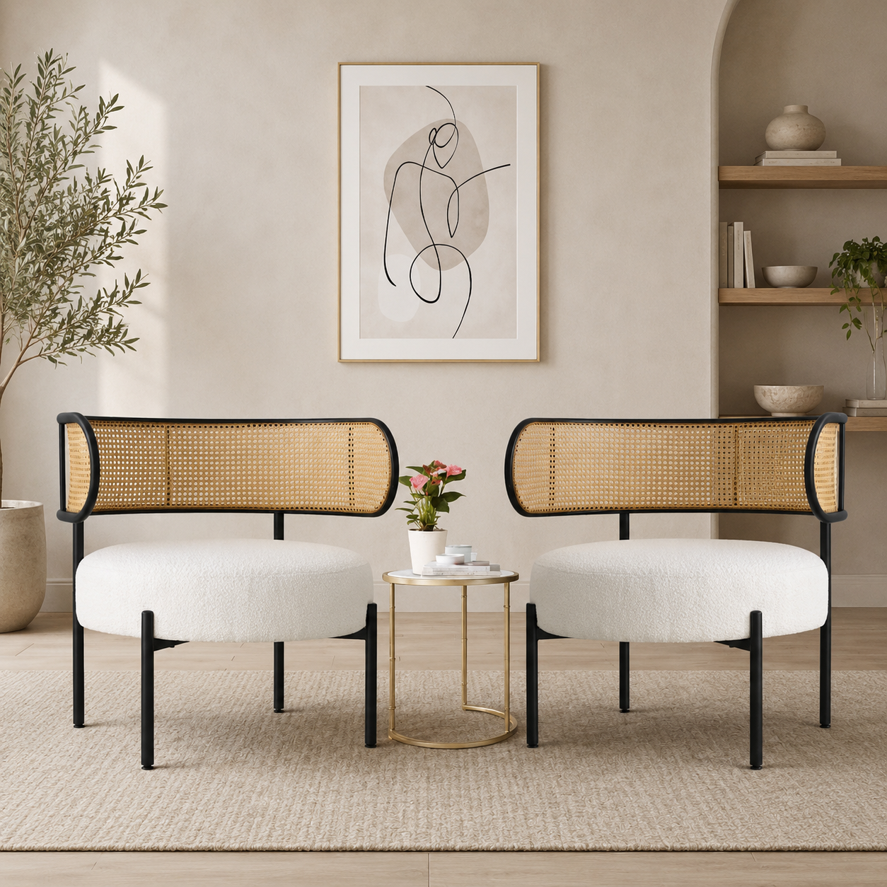 Teak wood cane lounge chair with upholstered seat