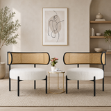 Teak wood cane lounge chair with upholstered seat