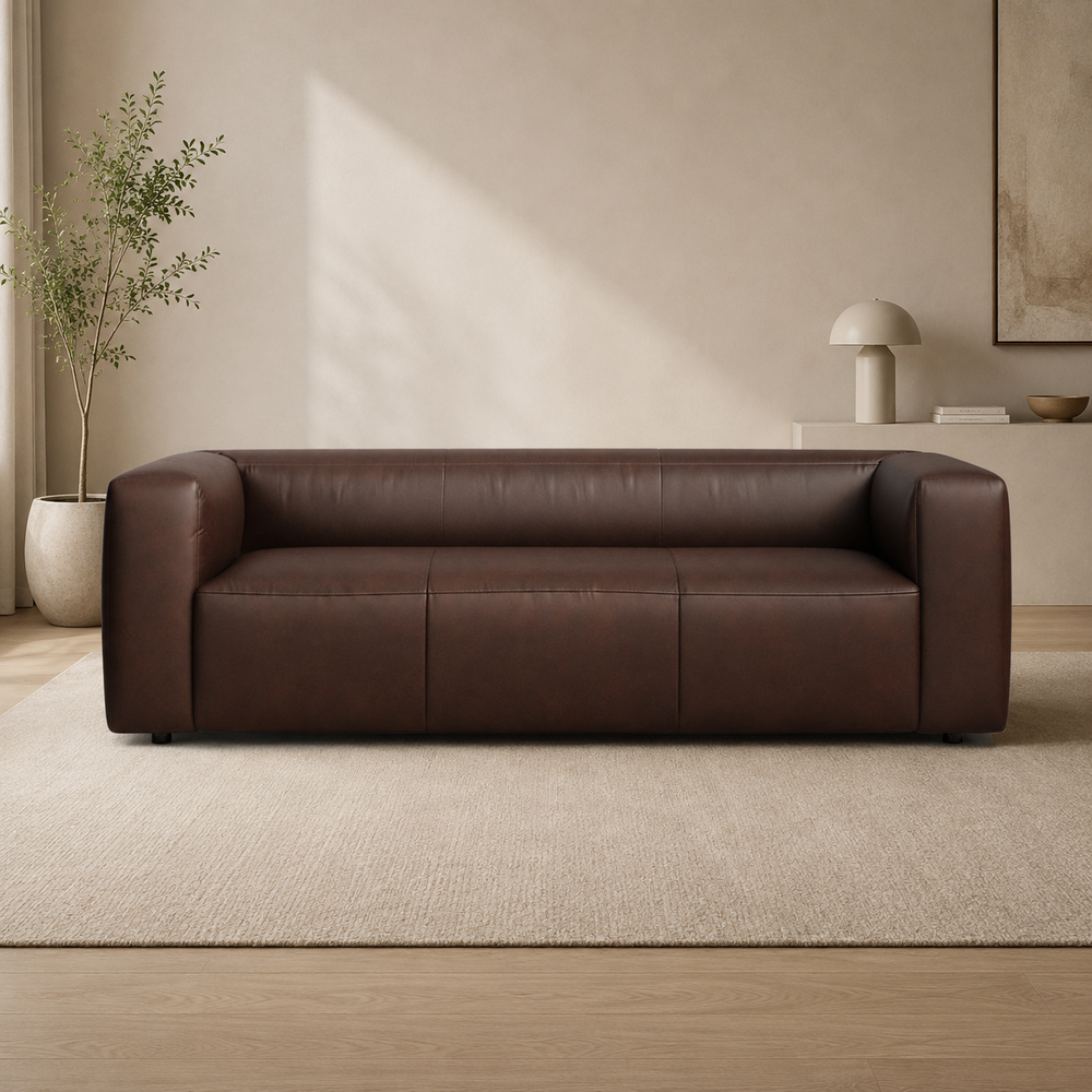 Luxury brown leather teak wood 3 seater sofa
