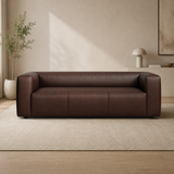 Luxury brown leather teak wood 3 seater sofa