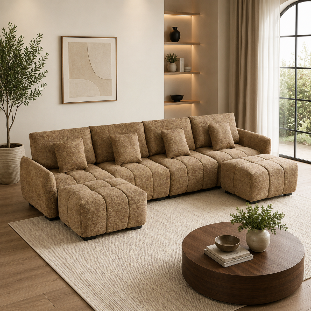 Luxury brown modular sectional sofa with ottoman