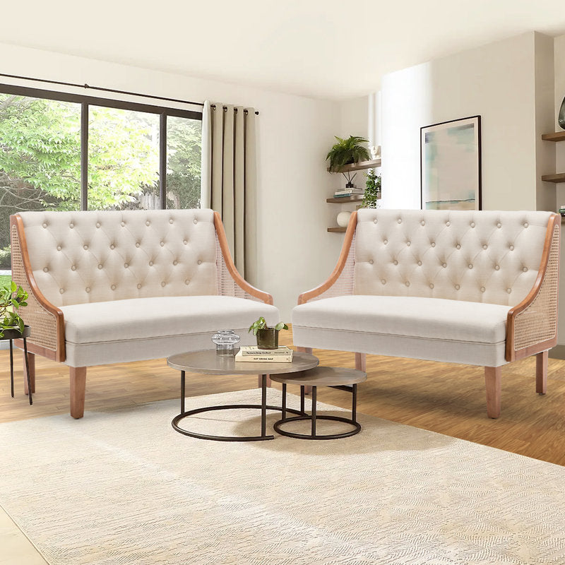 Luxury cream upholstered loveseat bench in teak wood frame