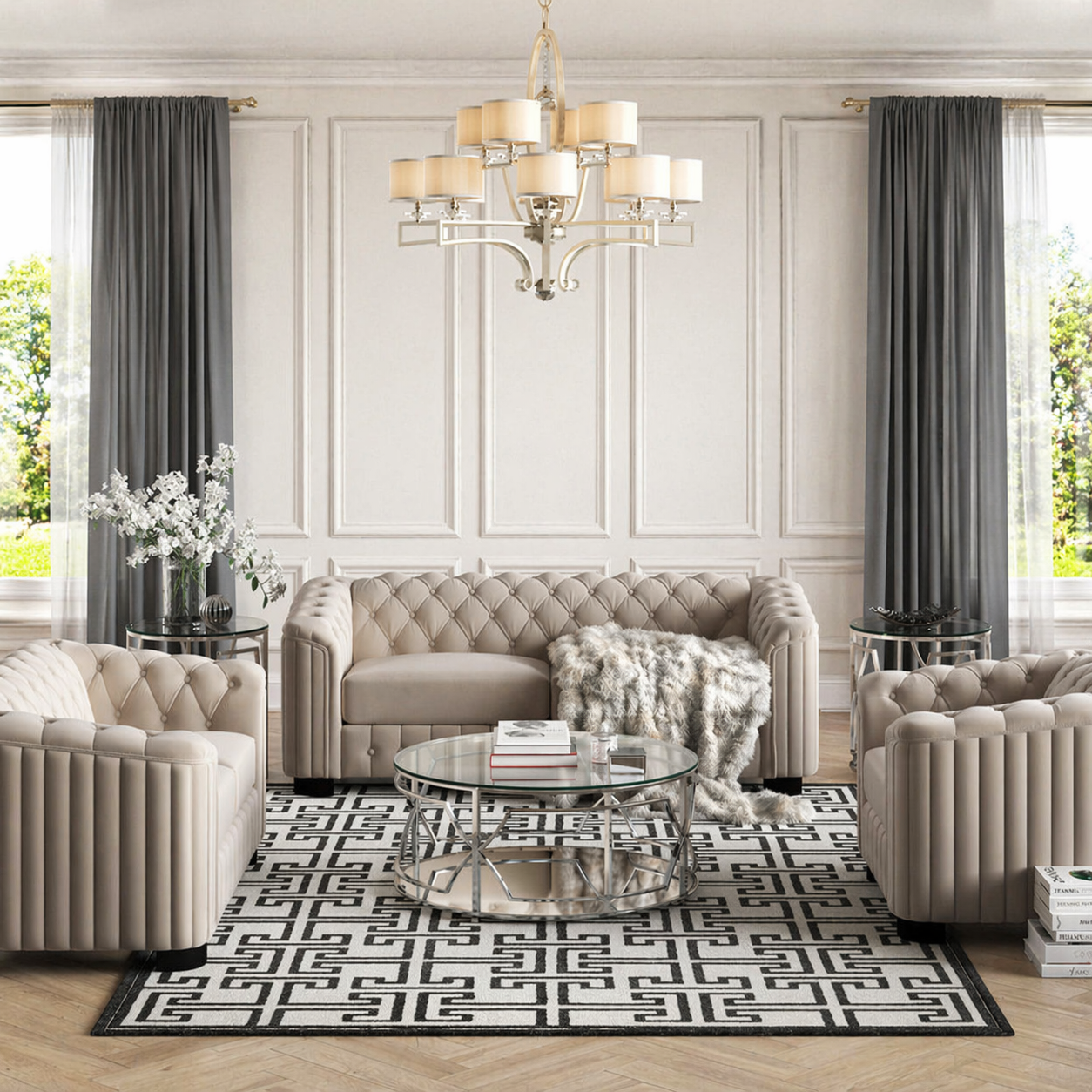 Luxury Chesterfield sofa set with tufted design