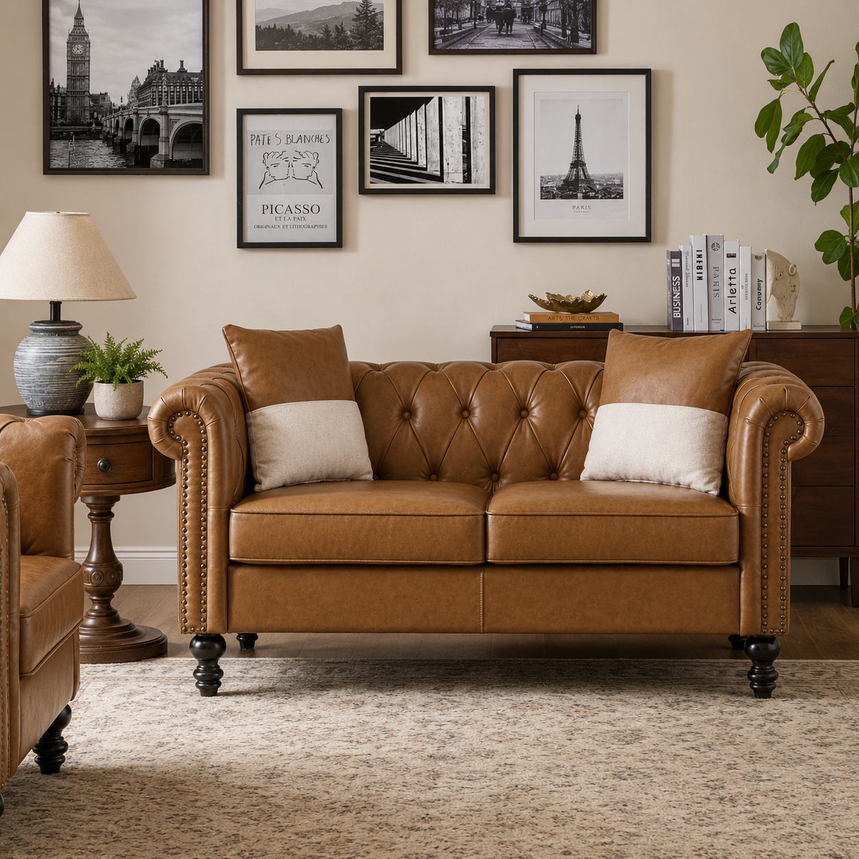 Luxury Chesterfield teak wood leather sofa in tan brown finish