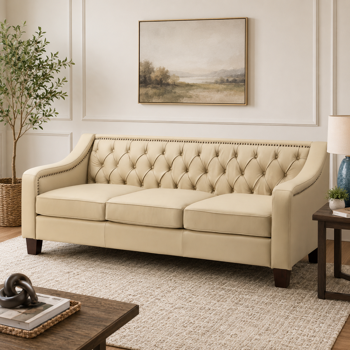 Luxury beige Chesterfield teak wood sofa