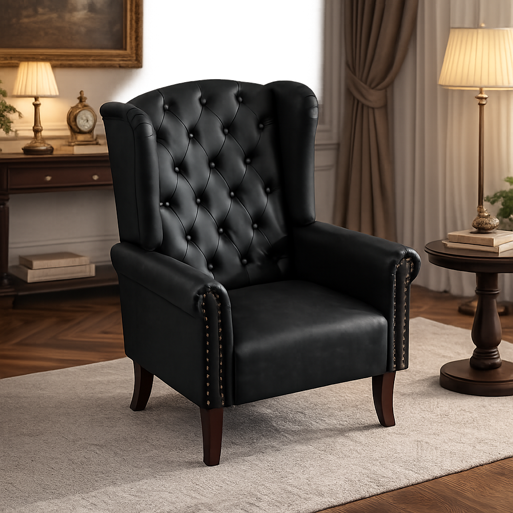 Luxury Chesterfield Wingback Chair in Solid Teak Wood