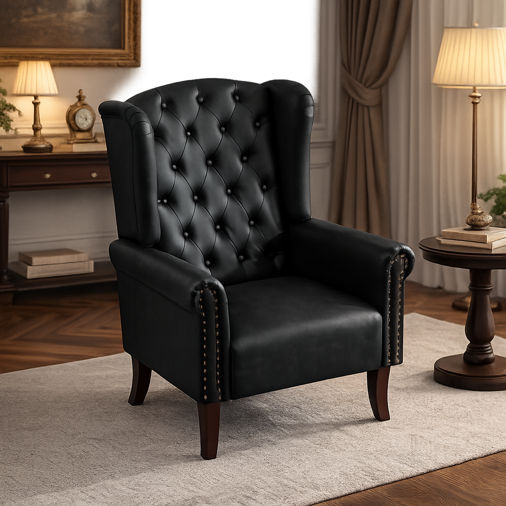 Luxury Chesterfield Wingback Chair in Solid Teak Wood