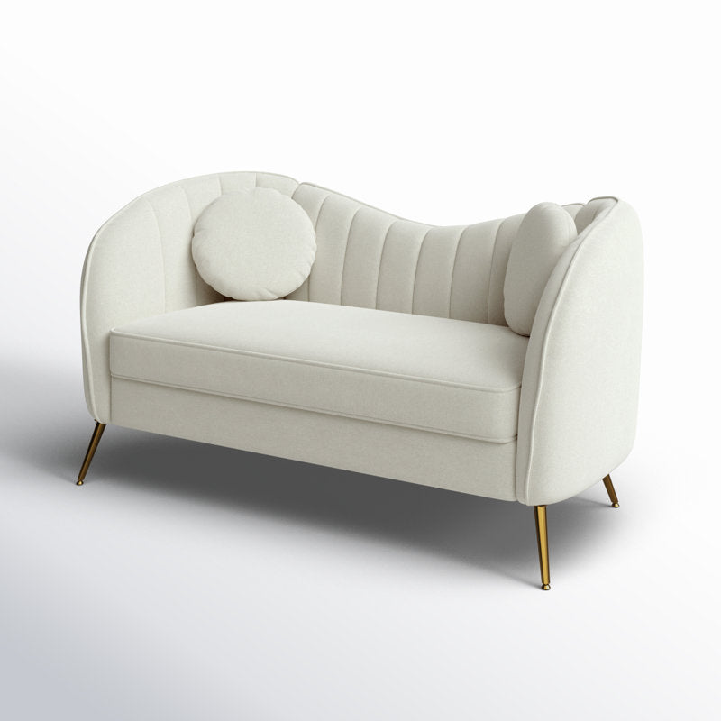 Upholstered 2-seater cream sofa with teak wood and gold finish