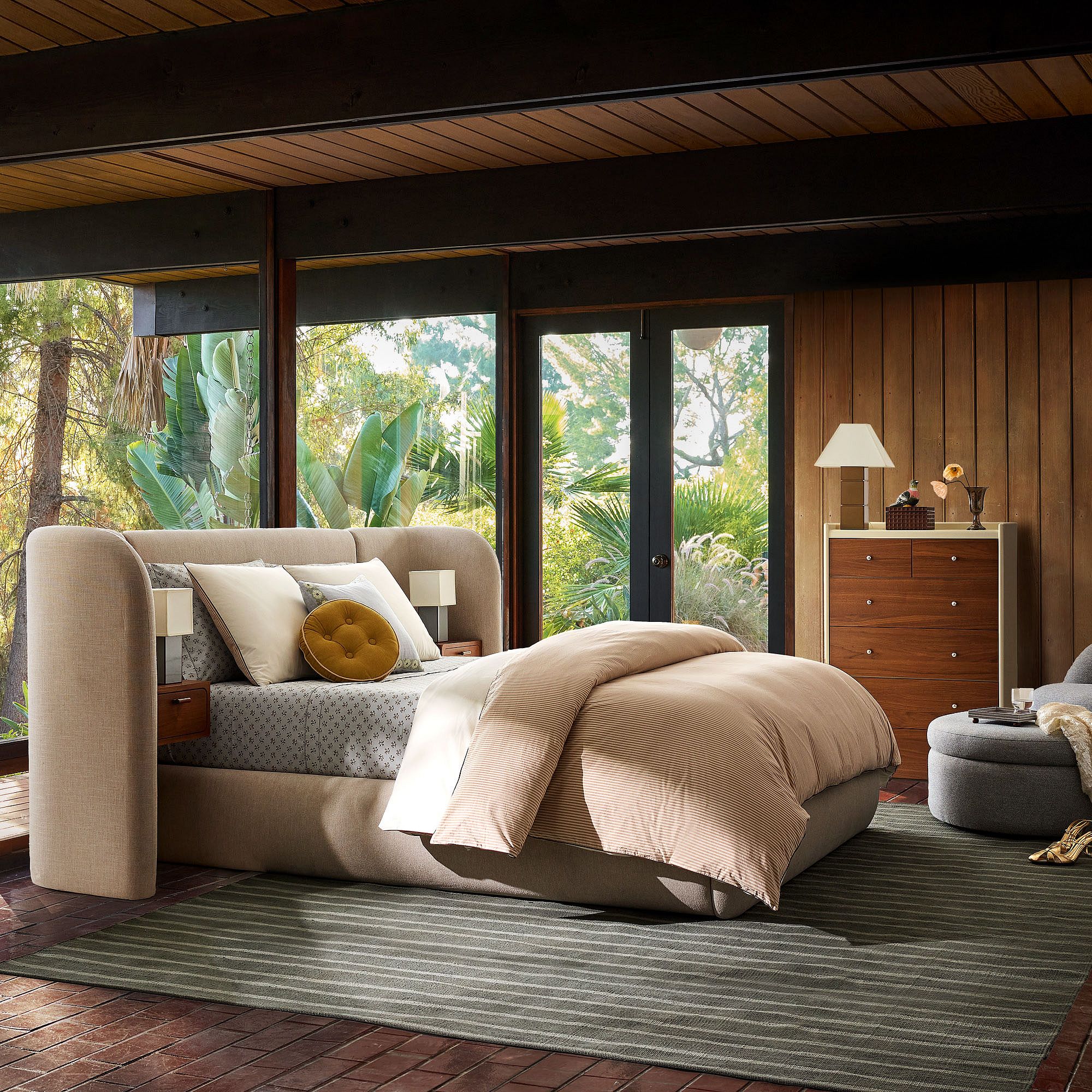 Modern teak wood designer bed in cream fabric