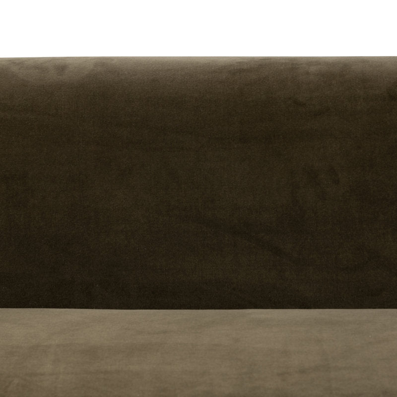 Designer teak wood upholstered sofa with rounded edges
