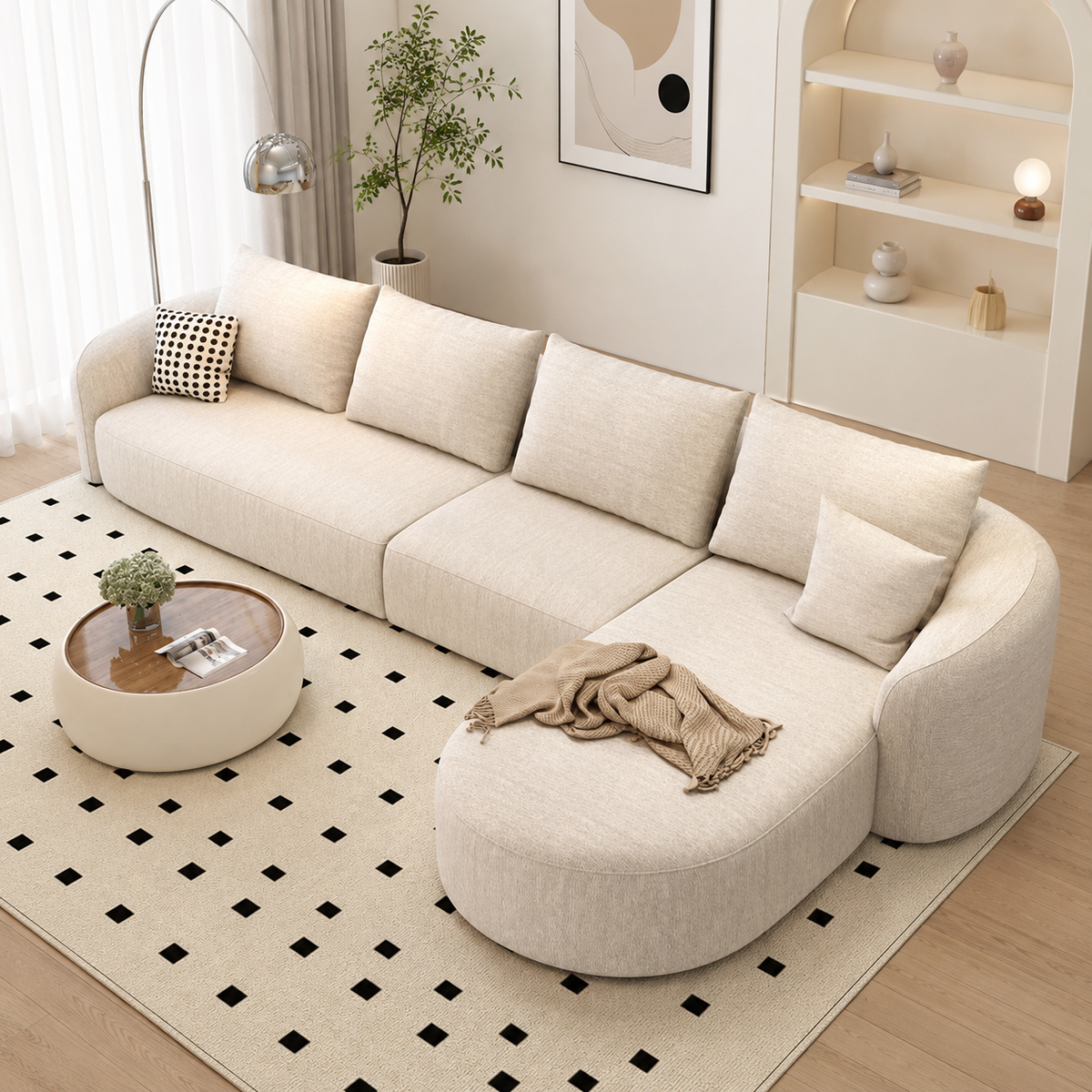 Luxury curved sectional sofa with chaise in modern living room