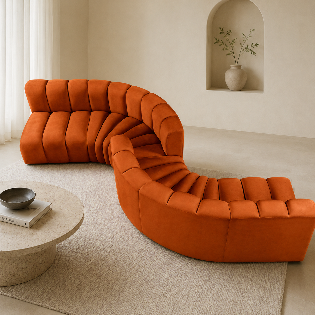 Luxury curved modular sofa in burnt orange color