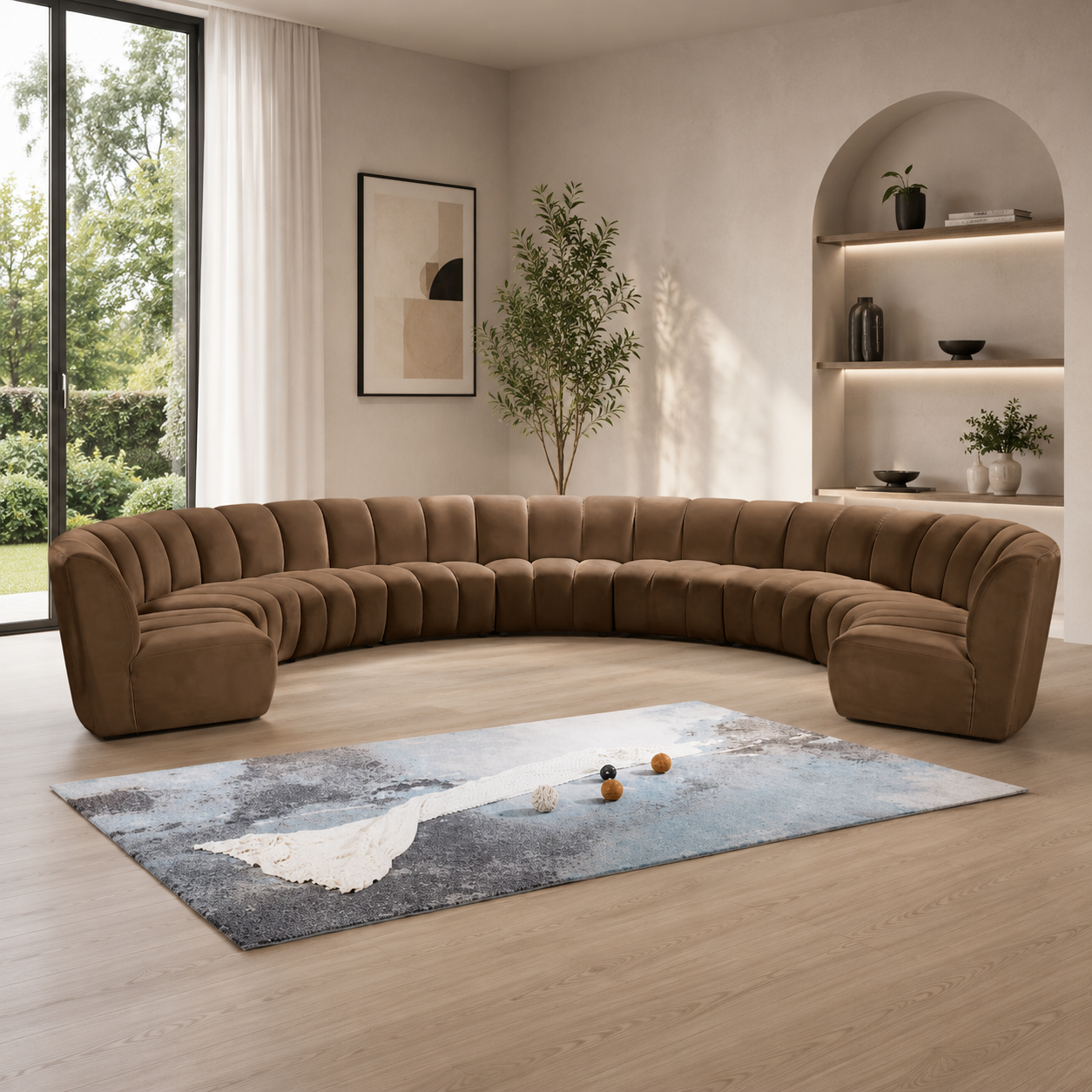 Luxury curved teak wood sectional sofa in modern living room