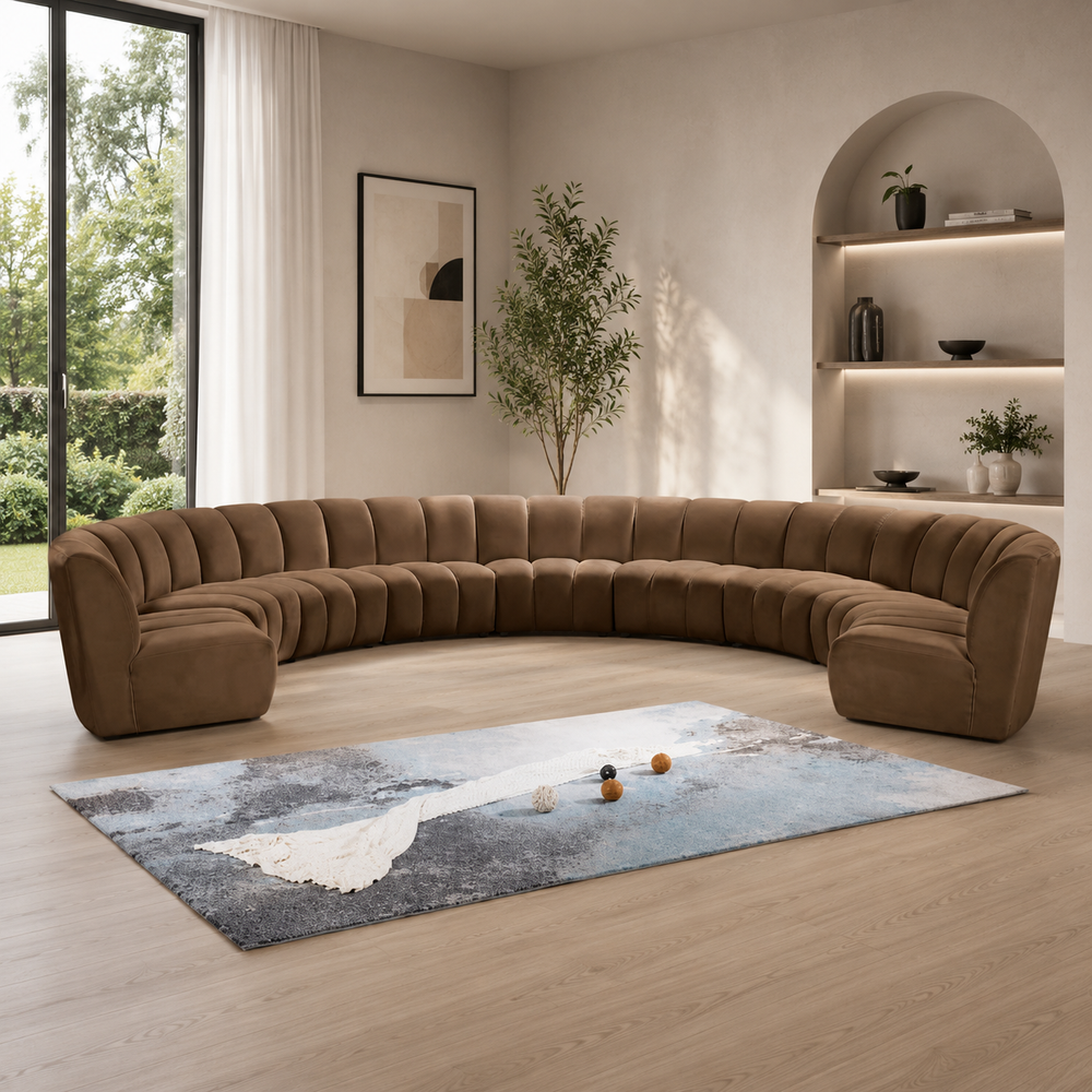 Luxury curved teak wood sectional sofa in modern living room