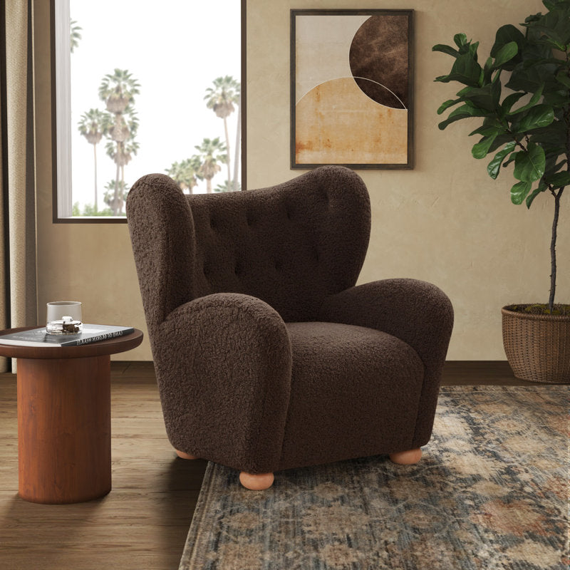 Modern dark brown boucle lounge chair in teak wood
