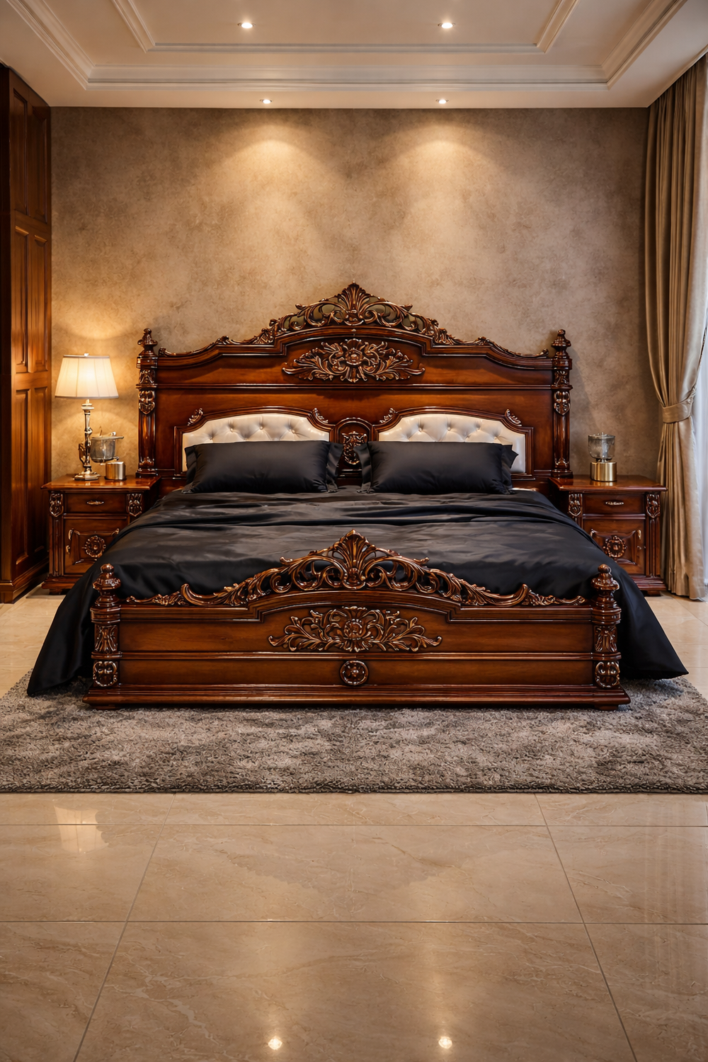 Upholstered headboard walnut carved wooden bed
