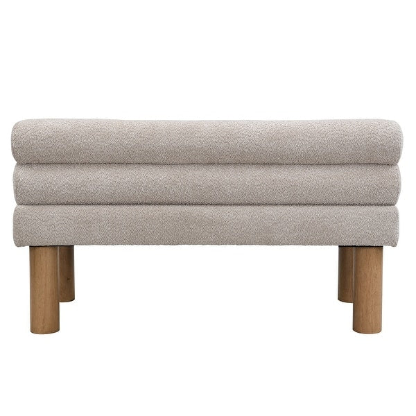 Designer dining bench with double-roll backrest and teak wood base