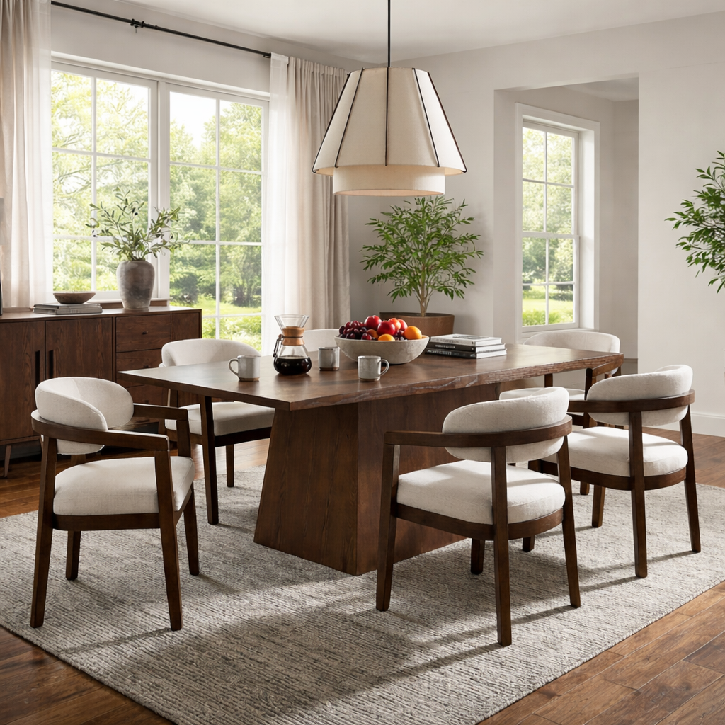 Teak wood dining table with armchairs