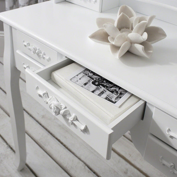 elegant white makeup vanity with drawers
