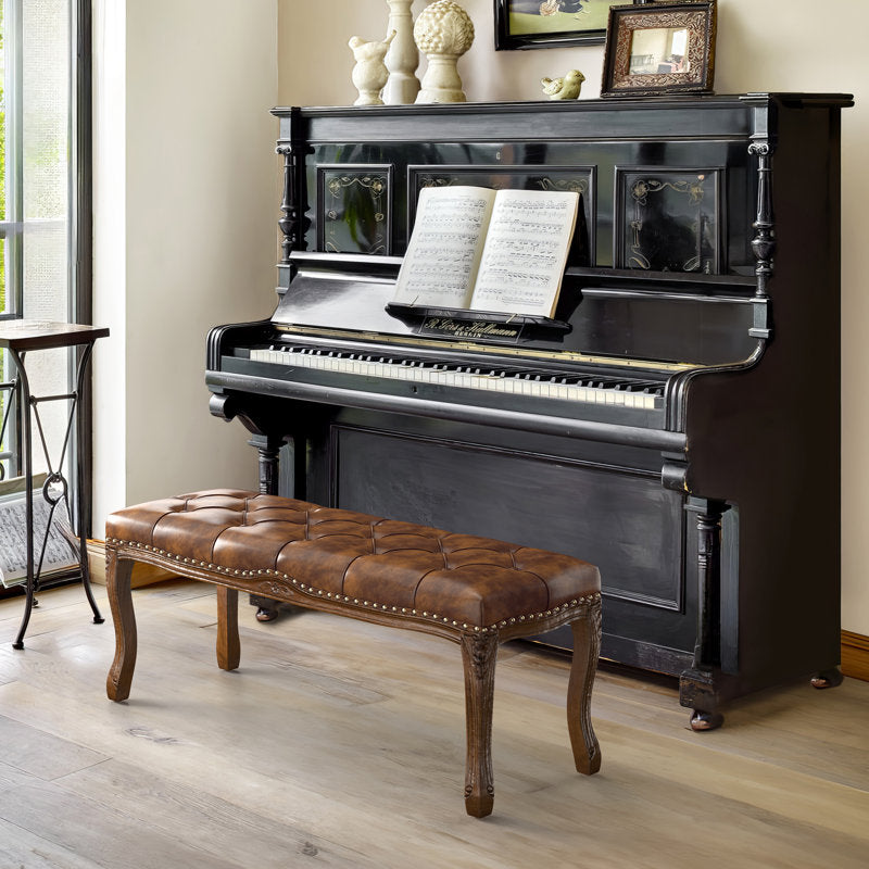 Brown leather tufted end of bed bench