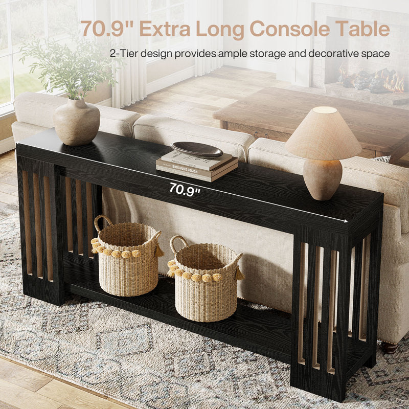Luxury solid teak wood entryway console table in black finish