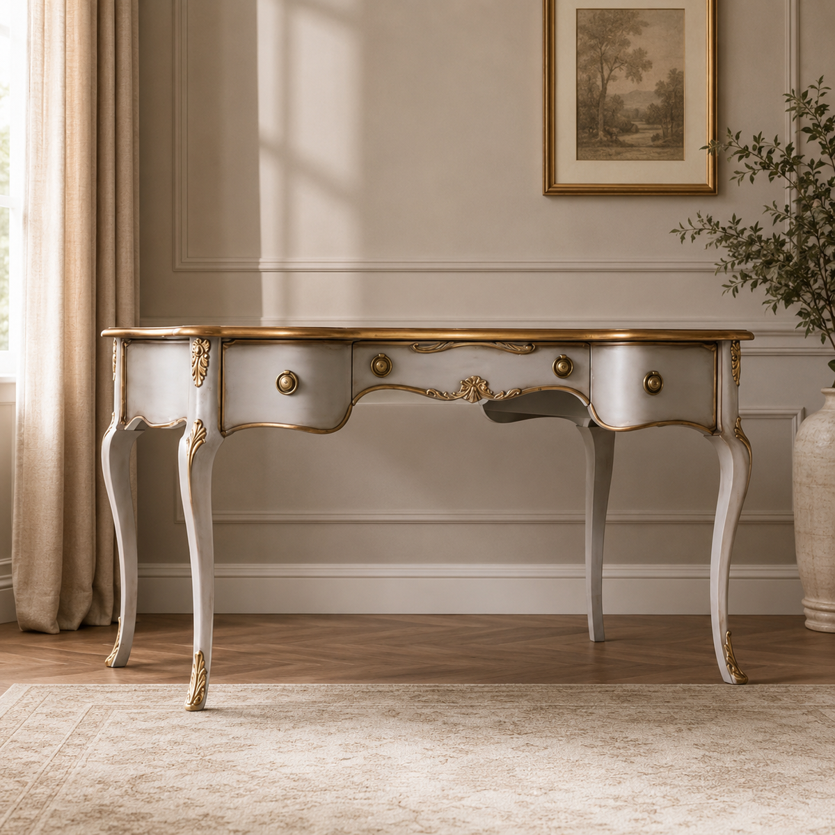 Luxury French Provincial teak wood console table with drawers