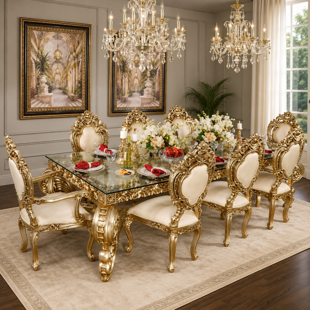 Luxury royal gold teak wood dining table set
