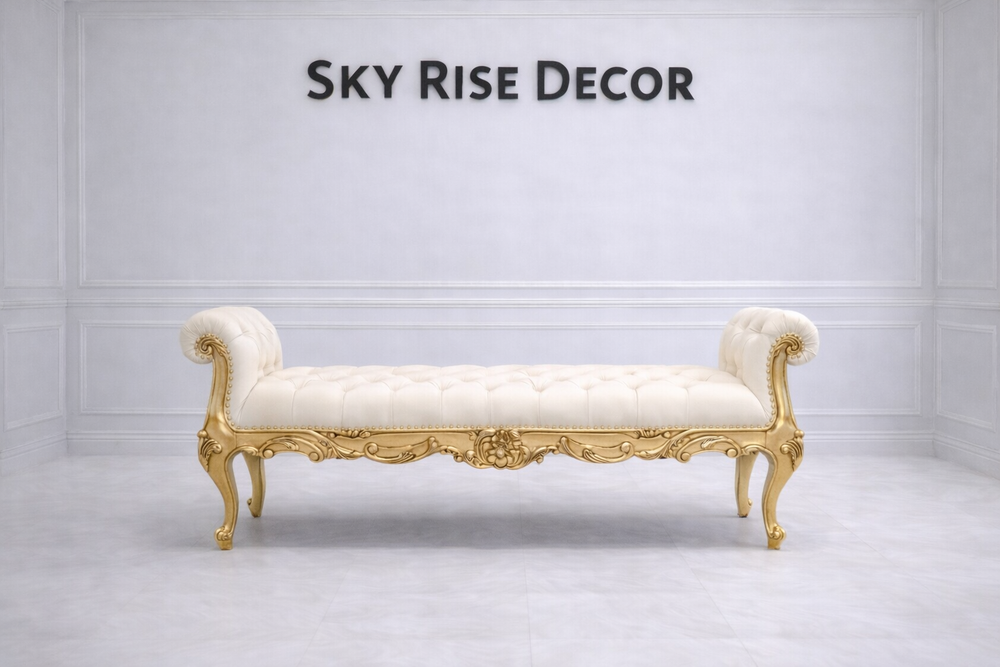 Classic vintage gold wooden bench for bedroom and hallway seating
