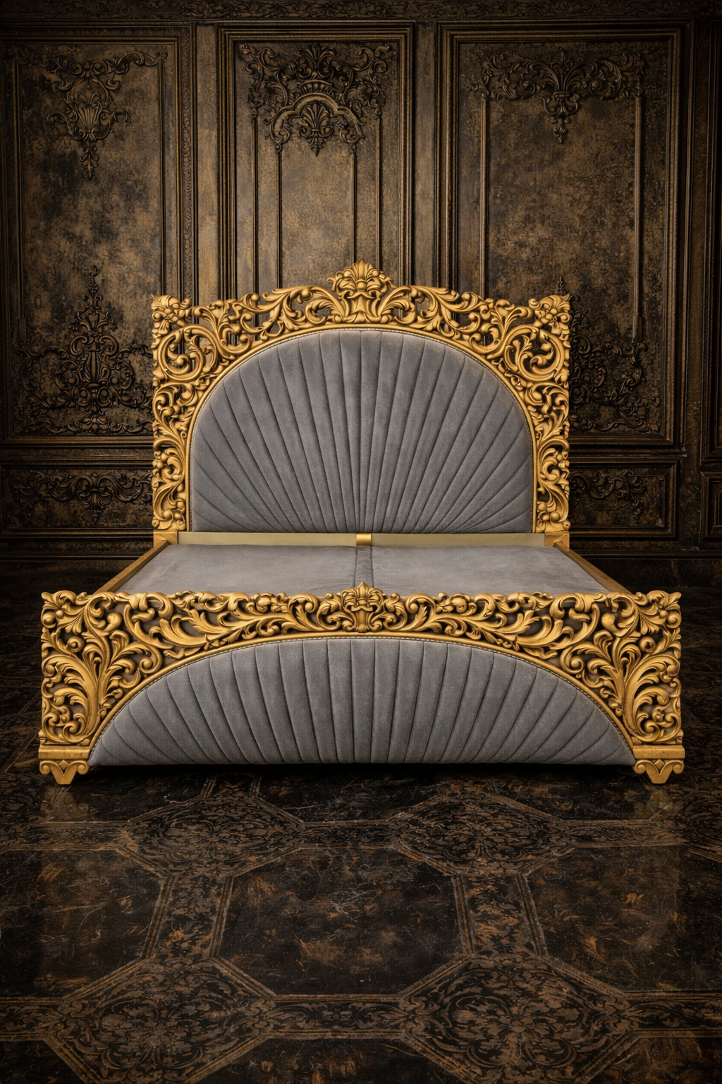 Luxury gold carved king size bed with grey upholstered headboard
