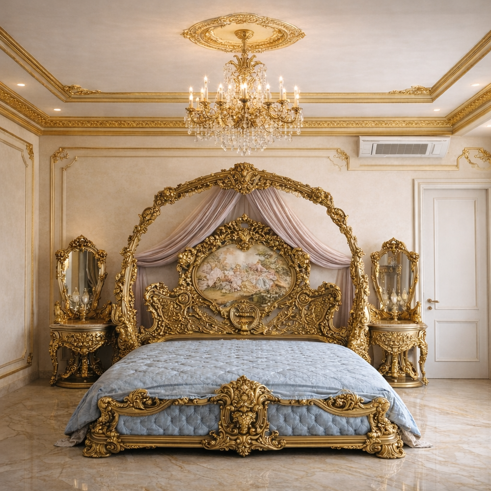 Luxury gold carved king size bed with 2 side tables
